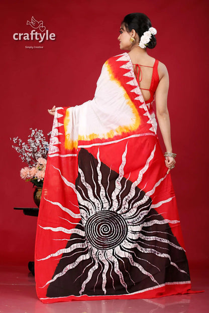 Red white pure cotton hand batik saree - artisan made elegant design red white batik saree 5