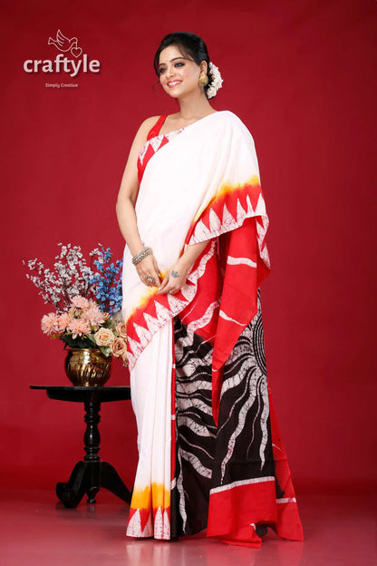 Red white pure cotton hand batik saree - artisan made elegant design woman white patterned sari 4