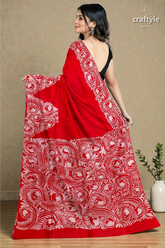 Red white soru tuli hand batik mulberry pure silk saree - 3