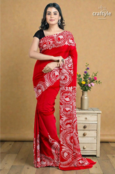 Red white soru tuli hand batik mulberry pure silk saree - 4