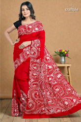 Red white soru tuli hand batik mulberry pure silk saree - 5