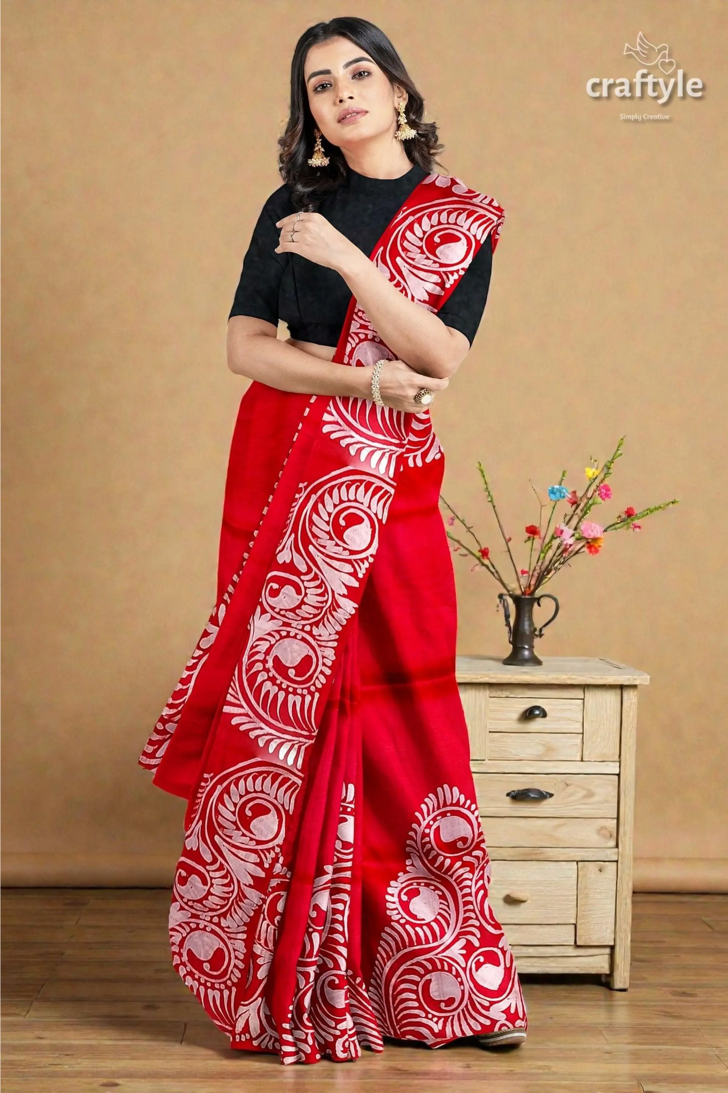 Red white soru tuli hand batik mulberry pure silk saree - 6