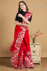 Red white soru tuli hand batik mulberry pure silk saree - 6