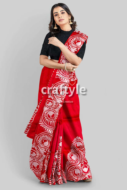 Red White Soru Tuli Hand Batik Mulberry Pure Silk Saree - Silk Batik Saree - Craftyle