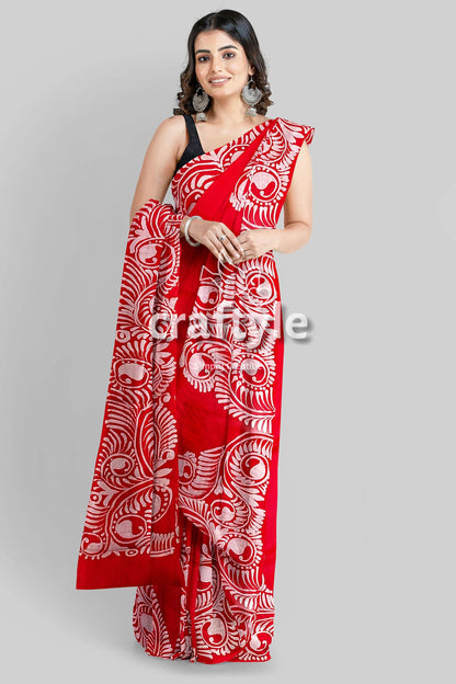 Red White Soru Tuli Hand Batik Mulberry Pure Silk Saree - Silk Batik Saree - Craftyle