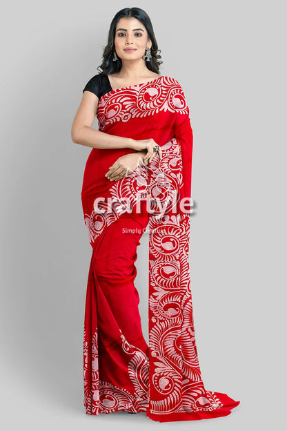 Red White Soru Tuli Hand Batik Mulberry Pure Silk Saree - Silk Batik Saree - Craftyle