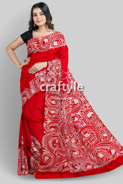 Red White Soru Tuli Hand Batik Mulberry Pure Silk Saree - Silk Batik Saree - Craftyle