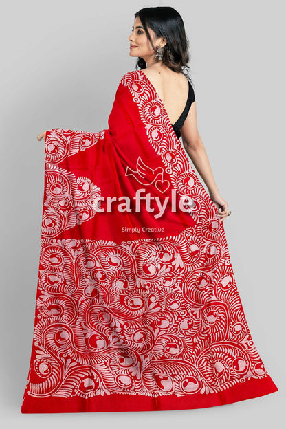 Red White Soru Tuli Hand Batik Mulberry Pure Silk Saree - Silk Batik Saree - Craftyle