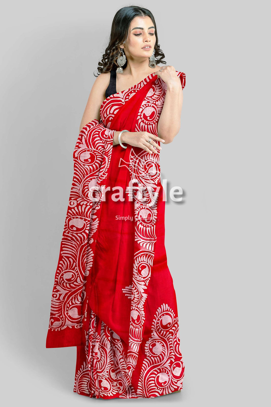 Red White Soru Tuli Hand Batik Murshidabad Pure Silk Saree - Silk Batik Saree-Craftyle