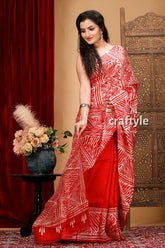 Red white soru tuli hand wax batik pure mulberry silk saree 4