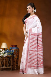 Reddish thread ethnic design handcrafted silk kantha stitch saree in white white saree intricate red embroidery 3
