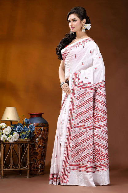 Reddish thread ethnic design handcrafted silk kantha stitch saree in white white saree intricate red embroidery 3