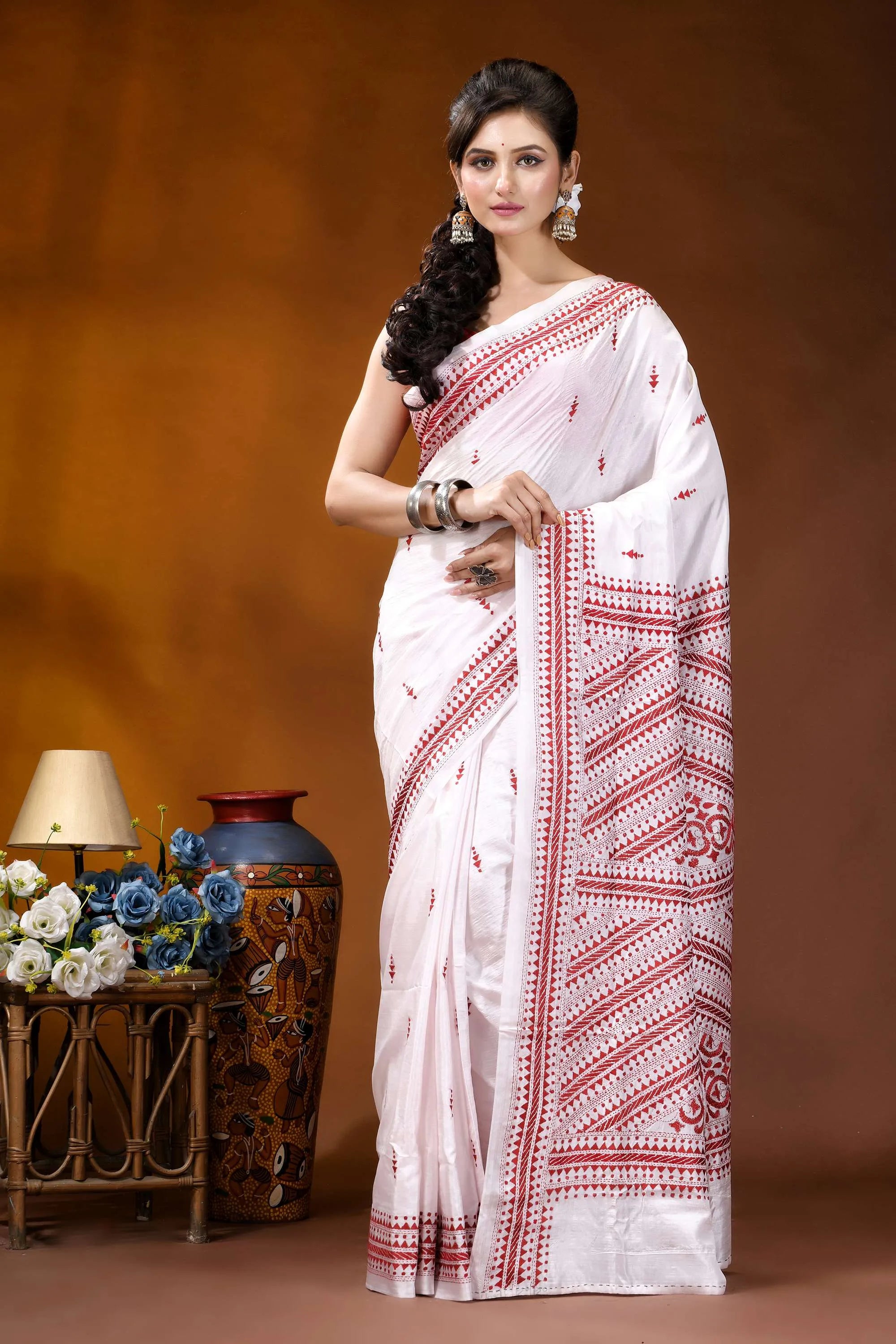 Reddish thread ethnic design handcrafted silk kantha stitch saree in white white sari intricate red gray 1
