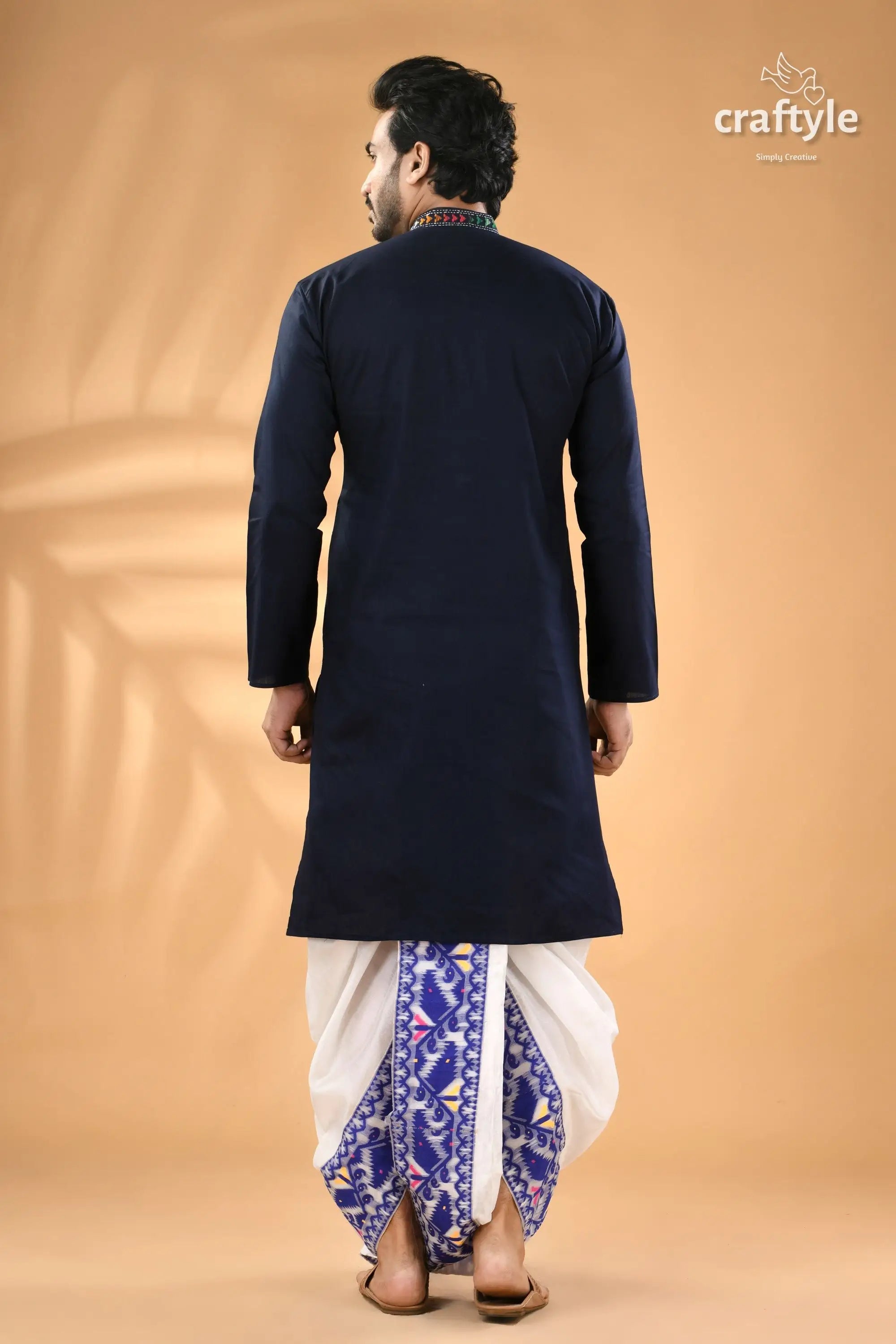 Regal blue kantha hand embroidered cotton kurta for men man navy blue kurta embroidered 6