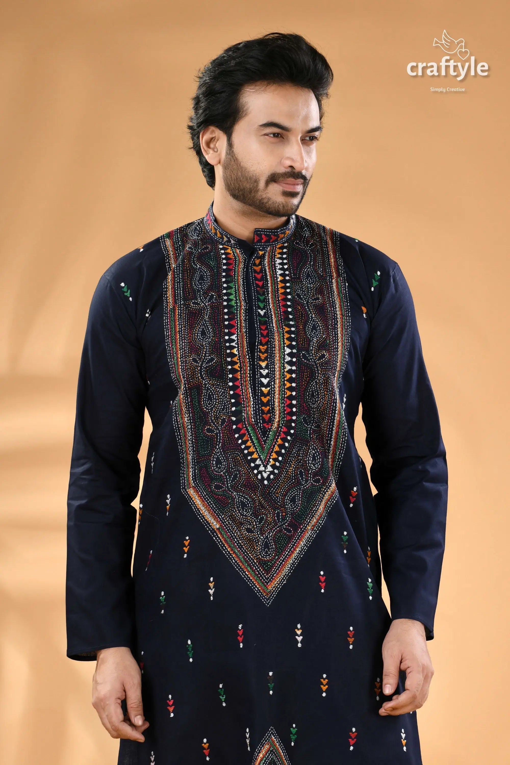 Regal blue kantha hand embroidered cotton kurta for men men’s embroidered navy blue kurta 2