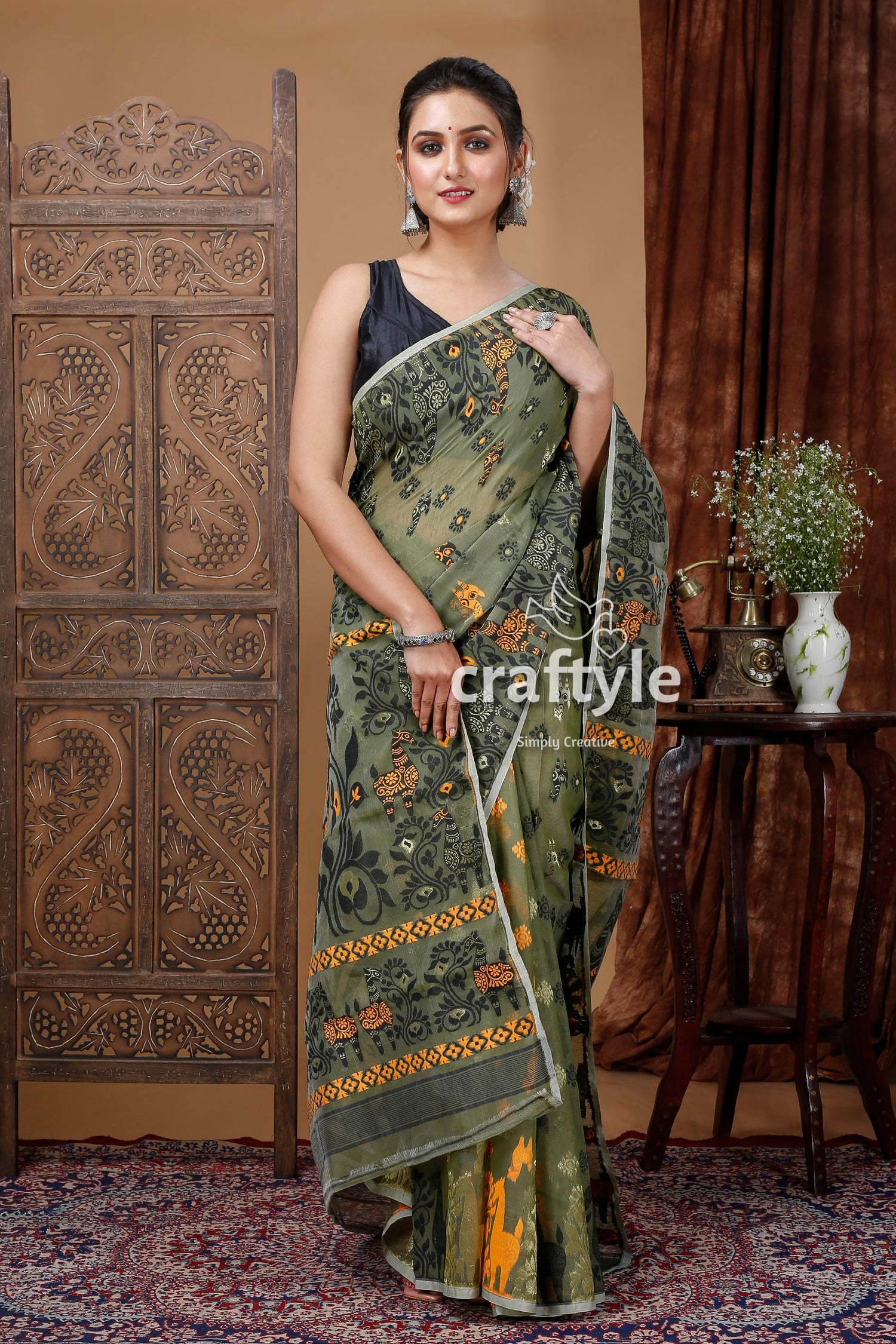 Reseda Green and Black Jamdani Saree for Women - Elegant and Luxurious - Craftyle