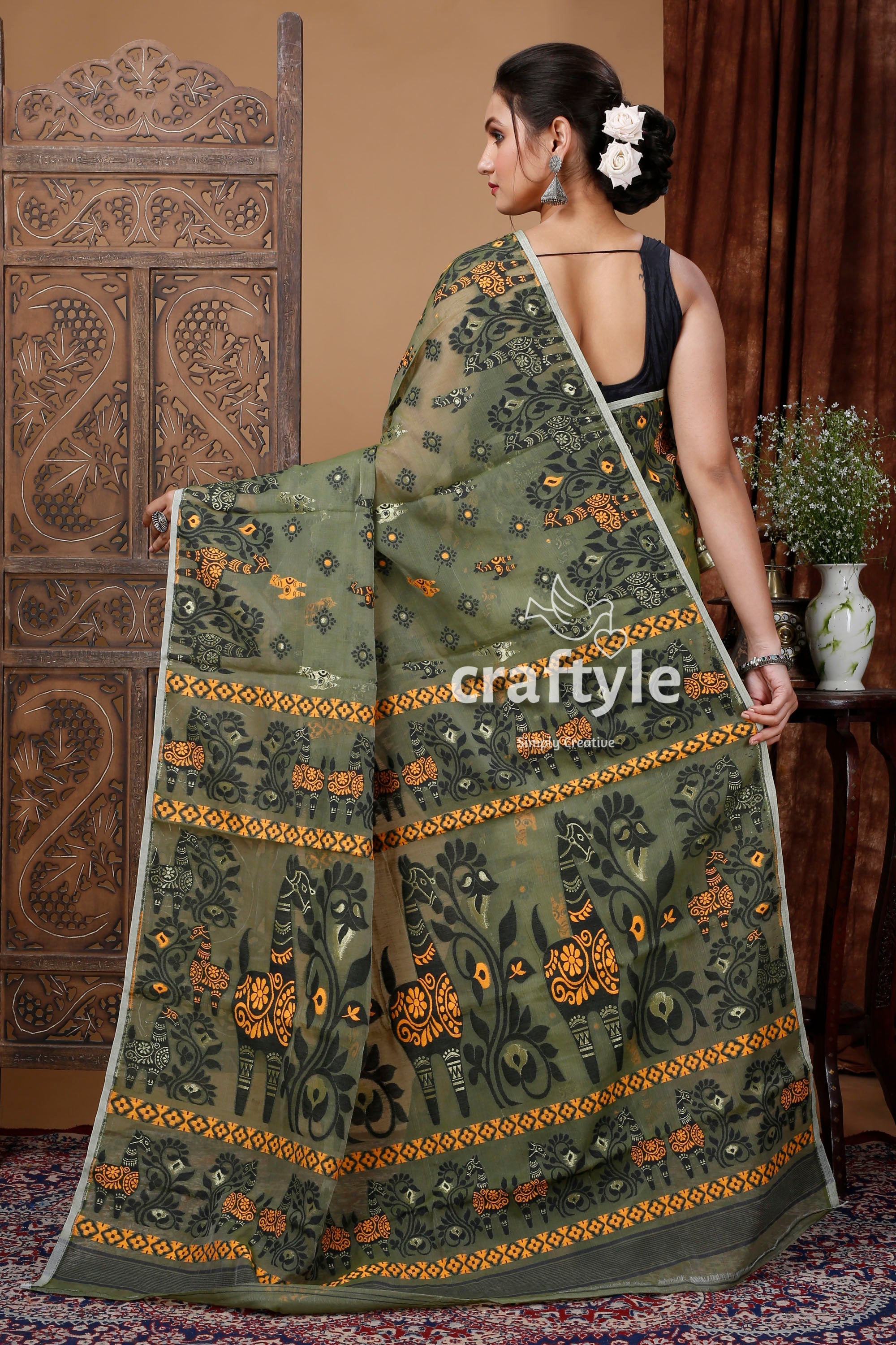 Reseda Green and Black Jamdani Saree for Women - Elegant and Luxurious - Craftyle