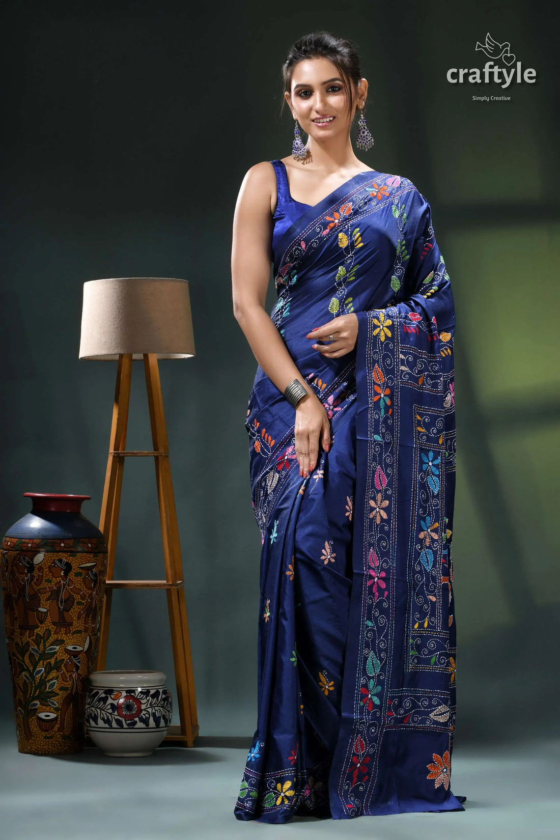 Resolution blue bird motif silk kantha work saree - exclusive design navy blue saree floral embroidery 1