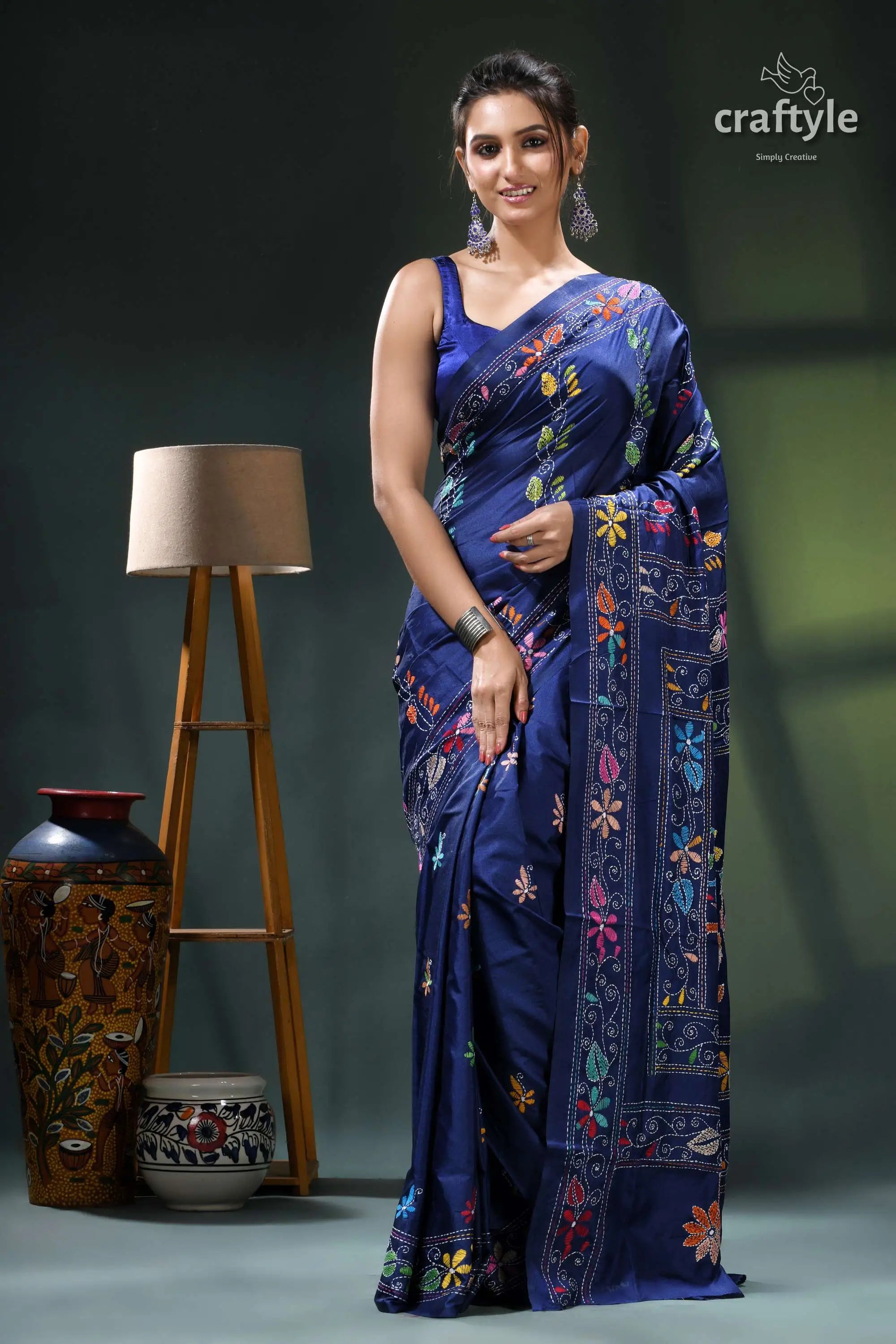 Resolution blue bird motif silk kantha work saree - exclusive design navy blue saree floral embroidery 1