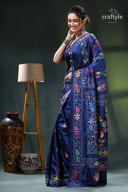 Resolution blue bird motif silk kantha work saree - exclusive design blue floral saree intricate embroidery 3
