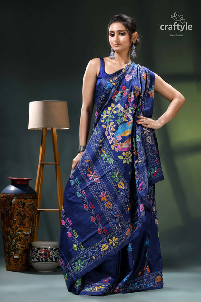 Resolution blue bird motif silk kantha work saree - exclusive design blue floral embroidered saree intricate 4
