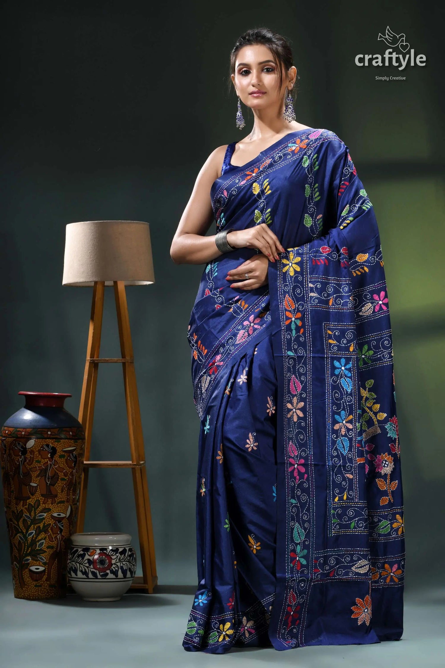 Resolution blue bird motif silk kantha work saree - exclusive design navy blue saree floral embroidery 6