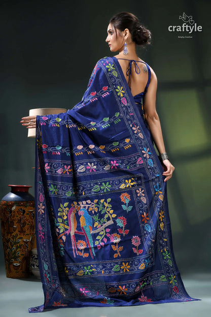 Resolution blue bird motif silk kantha work saree - exclusive design navy blue saree intricate floral 5