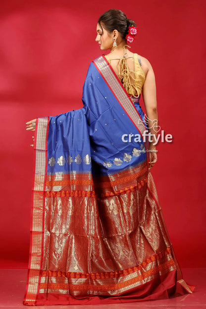 Resolution blue bomkai silk saree with zari border - perfect for any occasion blue red saree 5