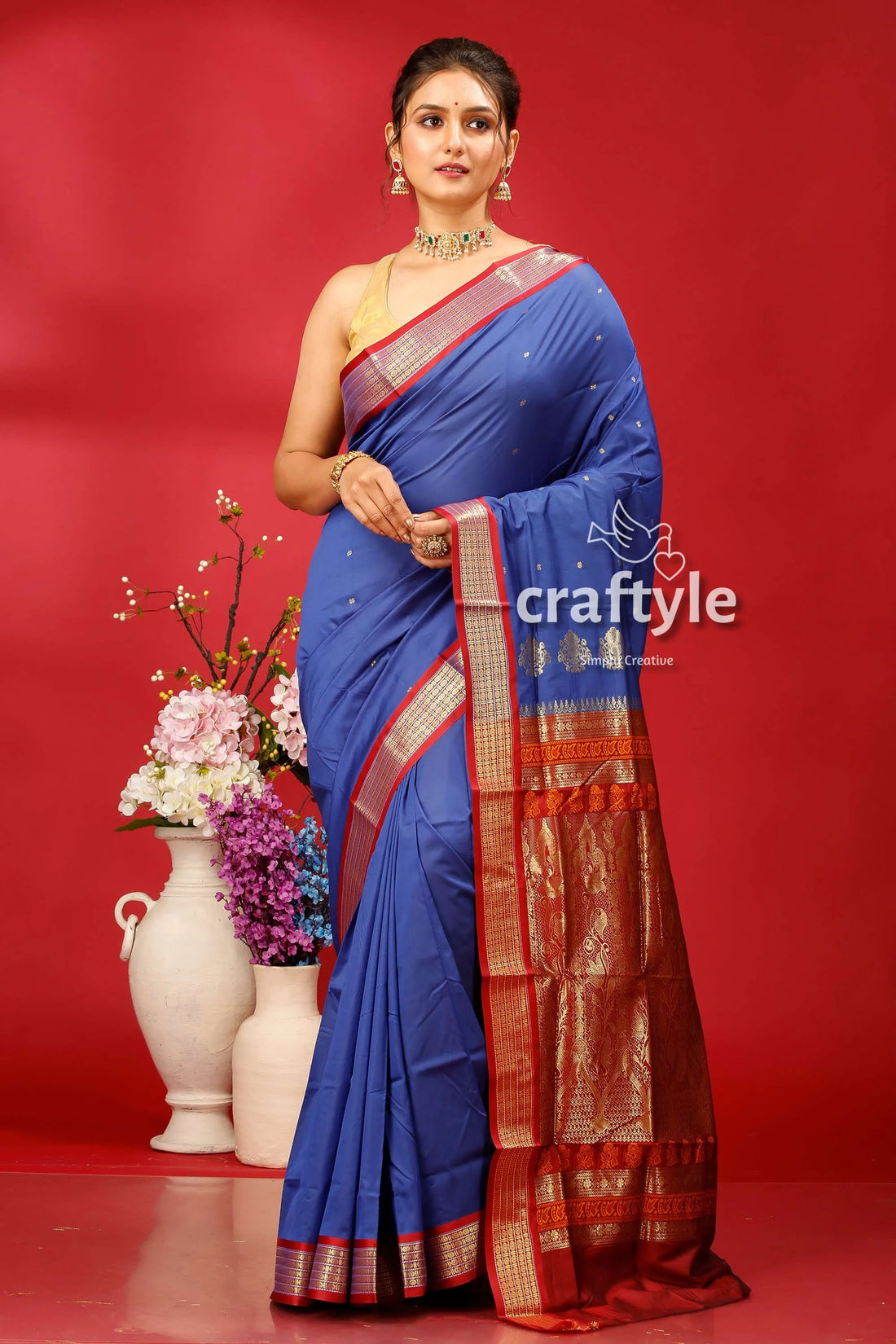 Resolution blue bomkai silk saree with zari border - perfect for any occasion blue saree red gold border 1