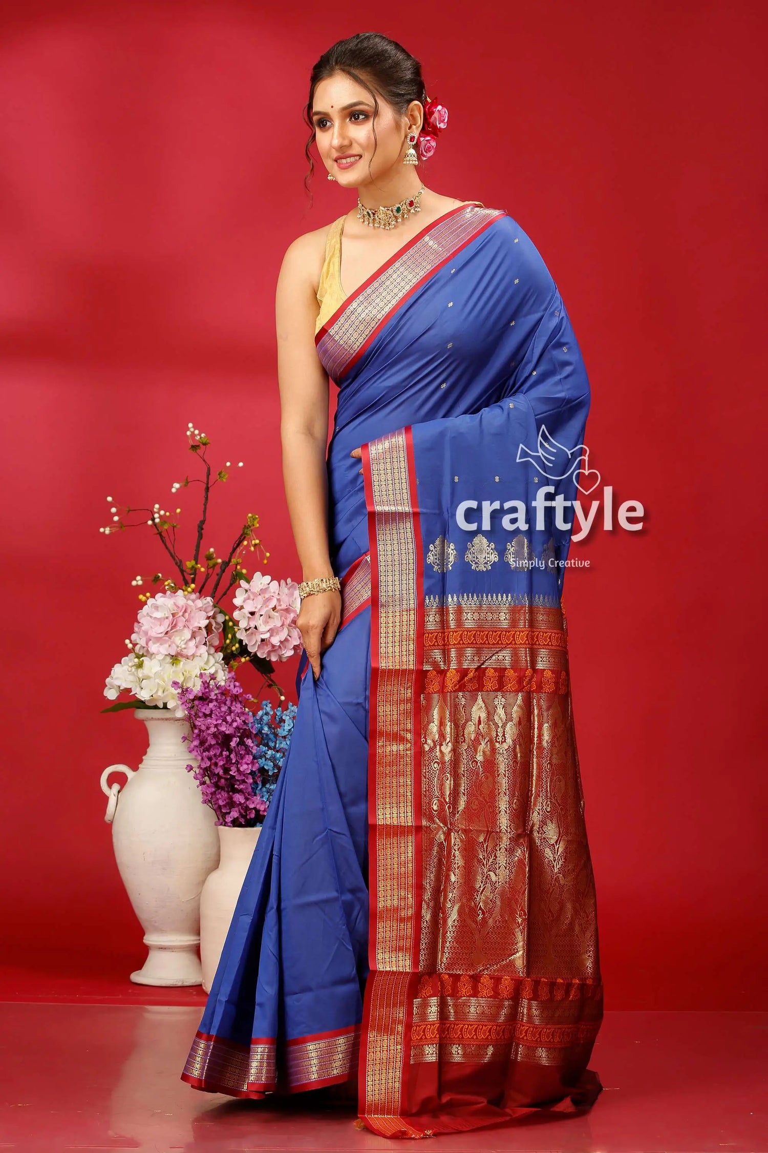 Resolution blue bomkai silk saree with zari border - perfect for any occasion blue saree red gold border 3
