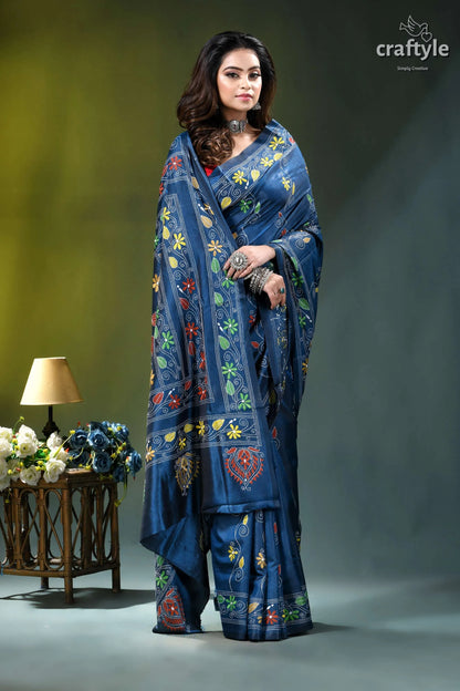 Rhino blue multi-thread nature’s embrace silk kantha work saree woman wears deep blue saree 6