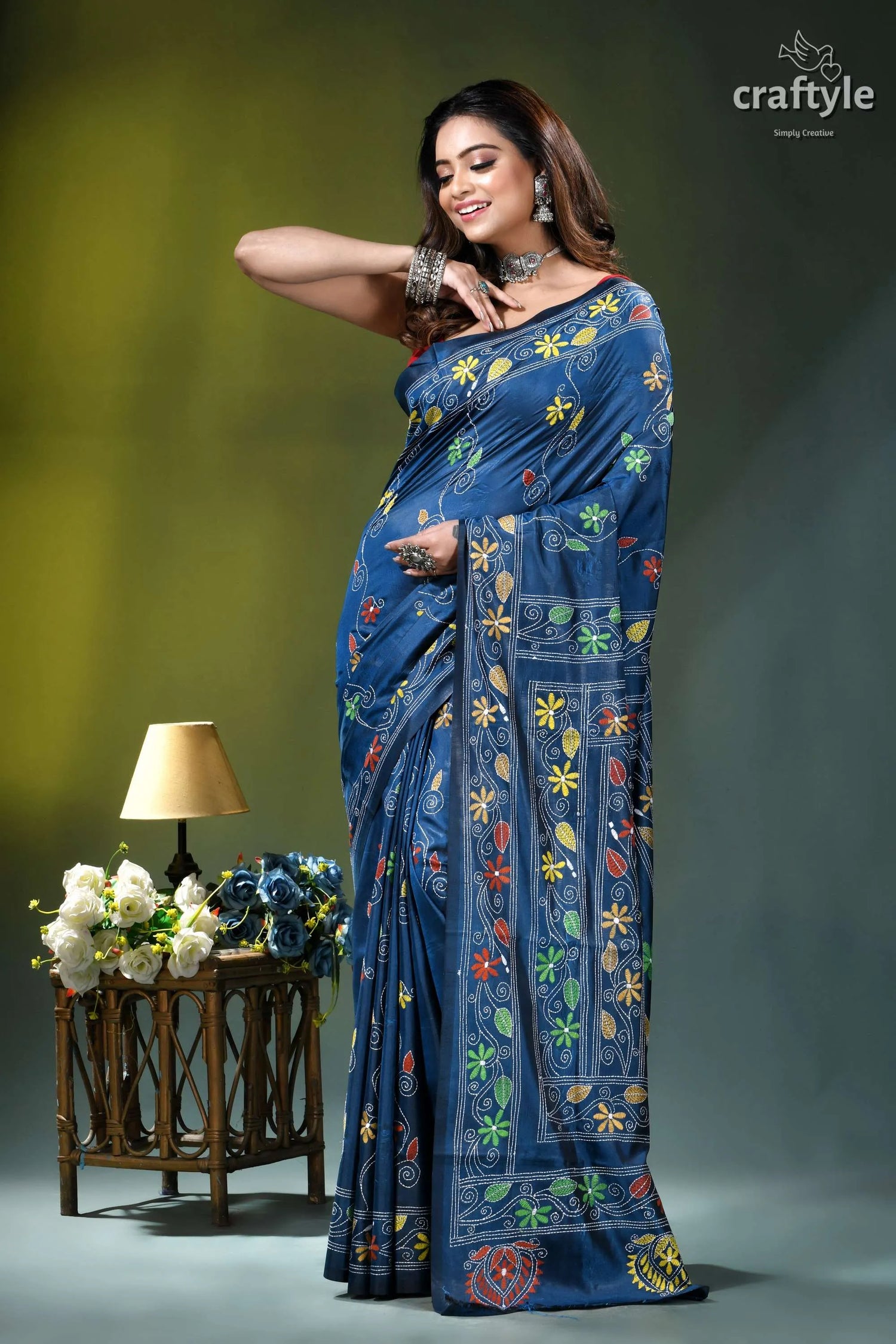 Rhino blue multi-thread nature’s embrace silk kantha work saree woman wears deep blue saree 7