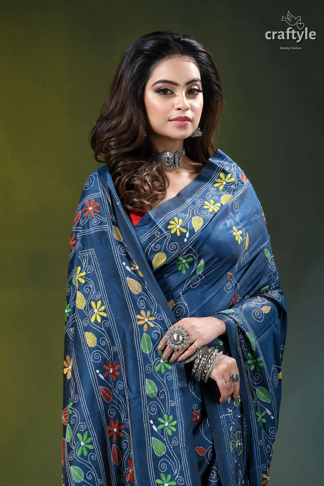 Rhino blue multi-thread nature’s embrace silk kantha work saree navy blue saree adorned intricate 2