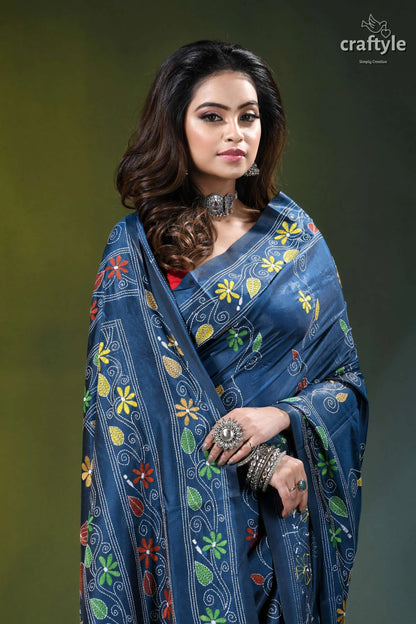 Rhino blue multi-thread nature’s embrace silk kantha work saree navy blue saree adorned intricate 2