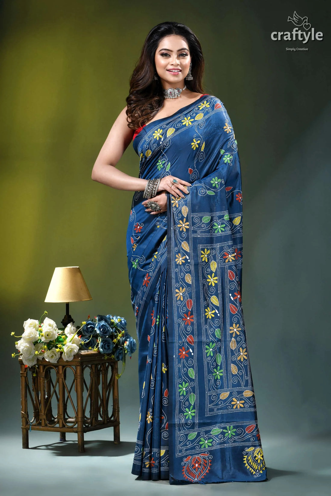 Rhino blue multi-thread nature’s embrace silk kantha work saree woman wears deep blue saree 1
