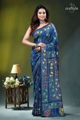 Rhino blue multi-thread nature’s embrace silk kantha work saree woman wears deep blue saree 1