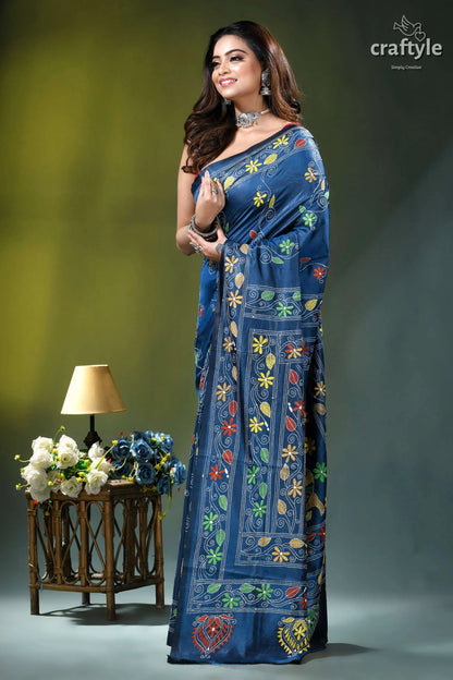 Rhino blue multi-thread nature’s embrace silk kantha work saree woman wears deep blue saree 3