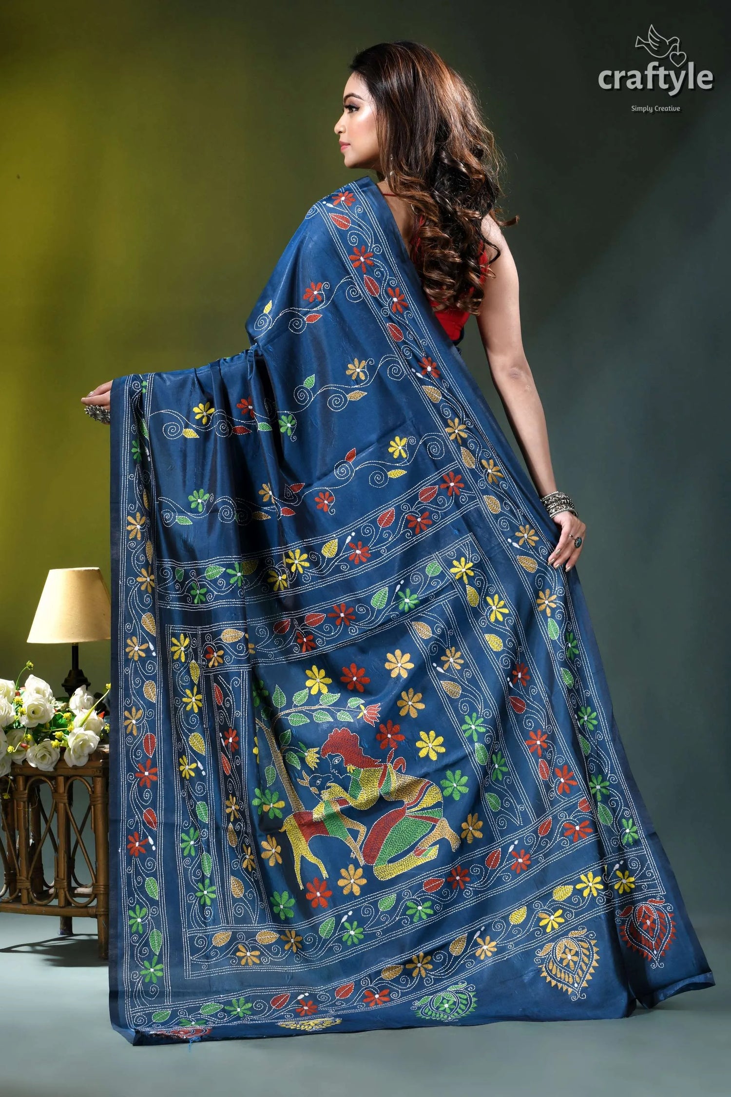 Rhino blue multi-thread nature’s embrace silk kantha work saree deep blue silk saree adorned 5