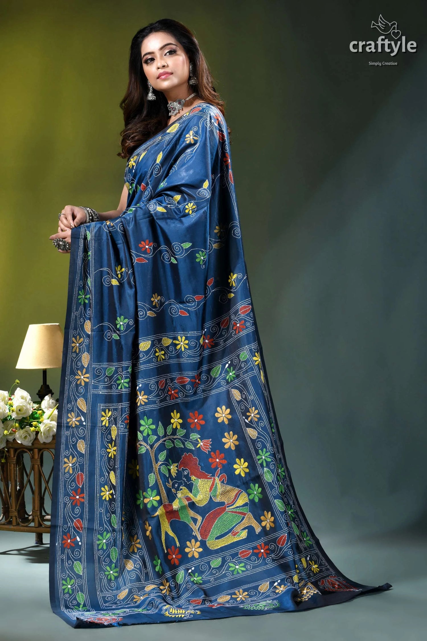 Rhino blue multi-thread nature’s embrace silk kantha work saree deep blue silk saree adorned 4