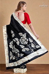 Rich black and white rose motif hand batik mulberry pure silk saree 4