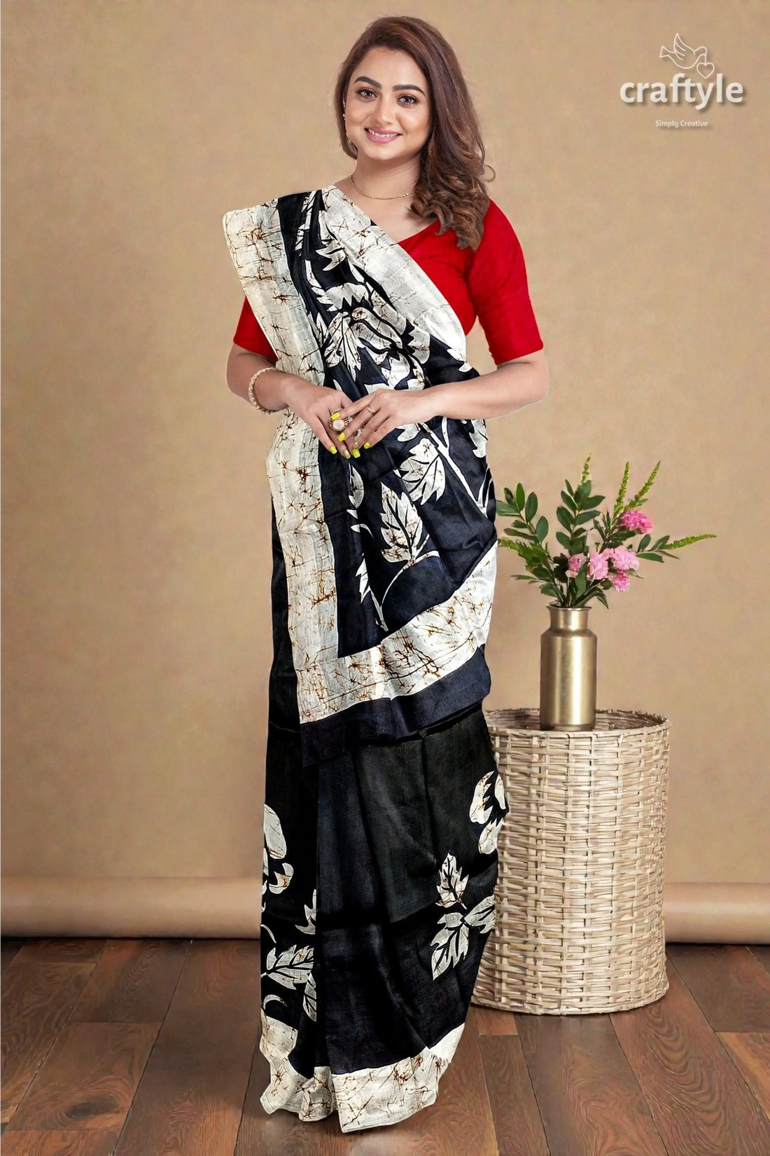 Rich black and white rose motif hand batik mulberry pure silk saree 1