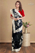 Rich black and white rose motif hand batik mulberry pure silk saree 1