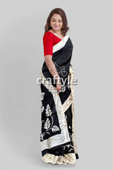 Rich Black and White Rose Motif Hand Batik Mulberry Pure Silk Saree - Craftyle