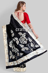 Rich Black and White Rose Motif Hand Batik Mulberry Pure Silk Saree - Craftyle