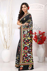 Rich black floral design exquisite kantha stitch saree black saree floral embroidery 3