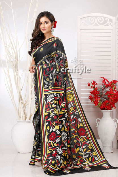 Rich Black Floral design Exquisite Kantha Stitch Saree - Craftyle