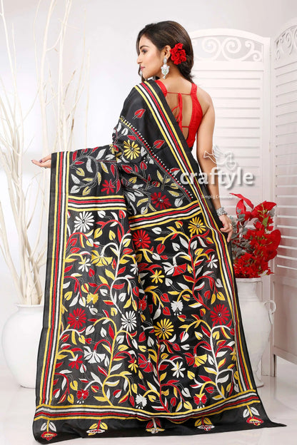 Rich black floral design exquisite kantha stitch saree black saree floral embroidery 4