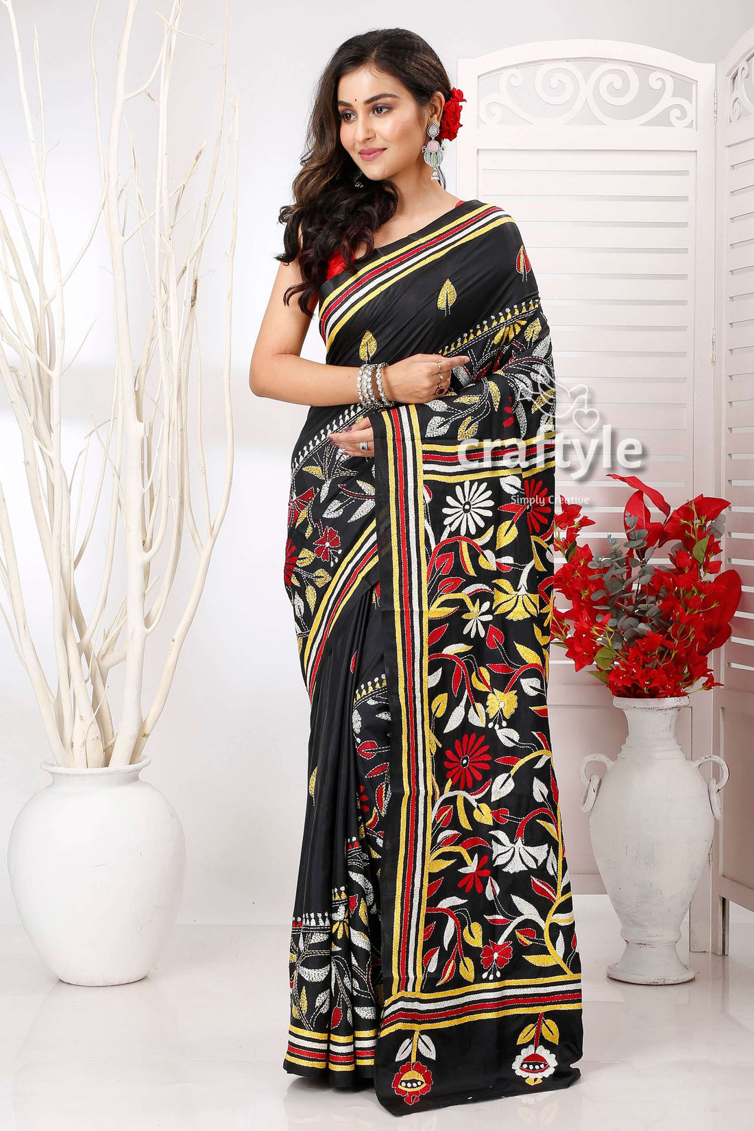 Rich Black Floral design Exquisite Kantha Stitch Saree - Craftyle