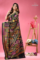 Rich black multi thread floral premium kantha silk saree black silk saree colorful embroidered 3