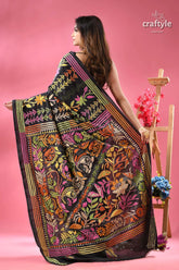 Rich black multi thread floral premium kantha silk saree black saree vibrant multicolored floral 4